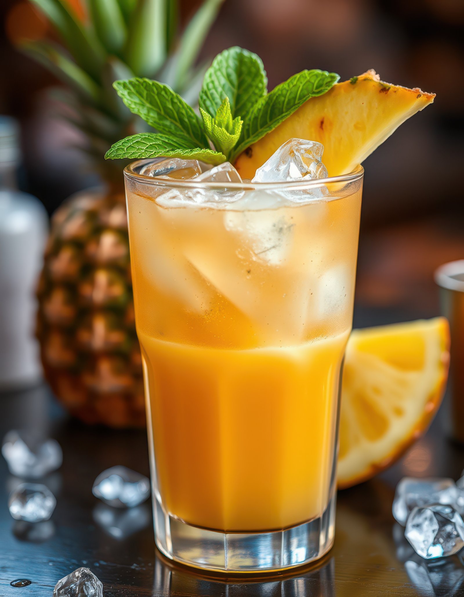 Refreshing tropical drink garnished with mint and pineapple during a summer gathering